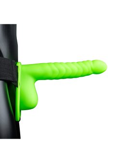 Glow in the Dark Geribbelde Holle Strap-On met Ballen - 21 cm