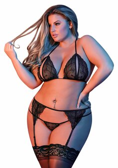 Peek-a-Boo BH, Kousenband &amp; G-String Set - XXL Queen Size