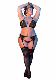 Peek-a-Boo BH, Kousenband &amp; G-String Set - M L/X