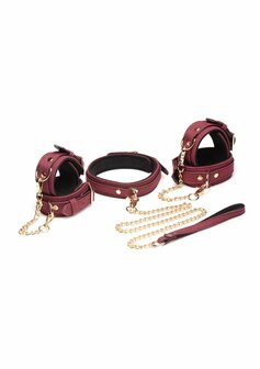 6-Delige Fluwelen Bordeauxrode Bondageset met Manchetten, Halsband en Riem