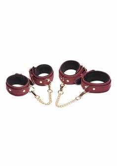 6-Delige Fluwelen Bordeauxrode Bondageset met Manchetten, Halsband en Riem