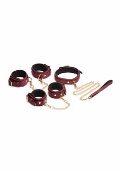 6-Delige Fluwelen Bordeauxrode Bondageset met Manchetten, Halsband en Riem