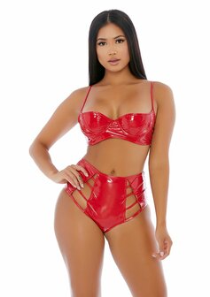 Strings Attached Vinyl Lingerie Set - Red L