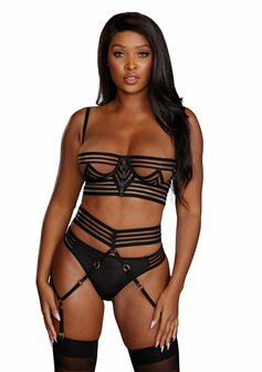 Set van Transparante Gestreepte Bh, Jarretelles en String M