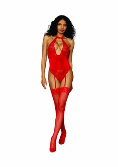 Teddy met Stretch Kant en Stretch Fluwelen Kousenband voor Dames - One Size OS