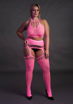 Two Piece with Crop Top and Stockings - Pink - XL/XXXXL XL-XXXXL