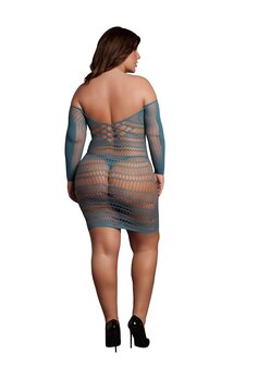Long-Sleeved Net Mini Dress - Queen Size - Ocean Deep XL - XXXXL