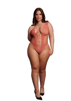 V-Neck Teddy with Opaque Panels - Queen Size - Sunset Glow XL - XXXXL
