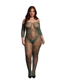 Lace Long-Sleeved Bodystocking - Queen Size - Midnight Green XL - XXXXL