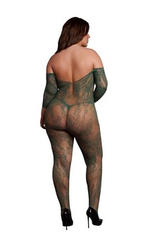 Lace Long-Sleeved Bodystocking - Queen Size - Midnight Green XL - XXXXL