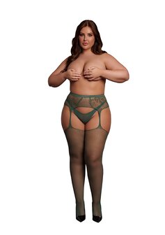 Fishnet/Lace Garter Stockings - Queen Size - Midnight Green XL - XXXXL