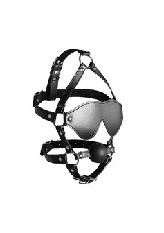 Blindfolded Head Harness with Solid Ball Gag - Black