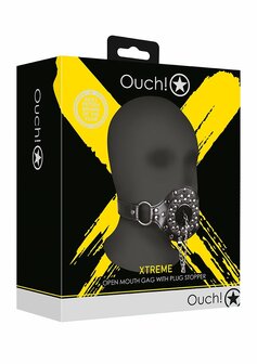 Open Mouth Gag with Plug Stopper - Black