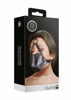 Head Harness with Mouth Cover and Breath Ball Gag - Black