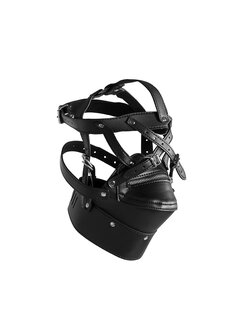 Head Harness with Zip-up Mouth and Lock - Black
