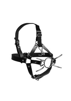 Head Harness with Spider Gag and Nose Hooks - Black