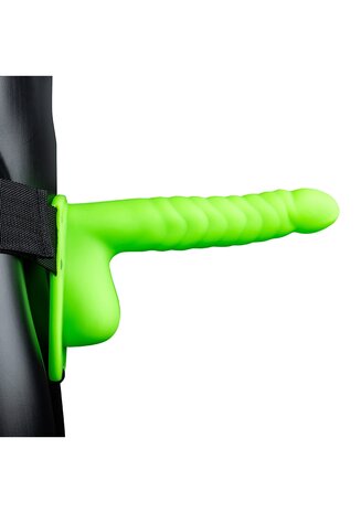 Glow in the Dark Geribbelde Holle Strap-On met Ballen - 21 cm