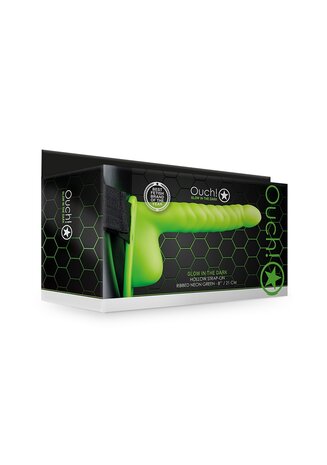 Glow in the Dark Geribbelde Holle Strap-On met Ballen - 21 cm