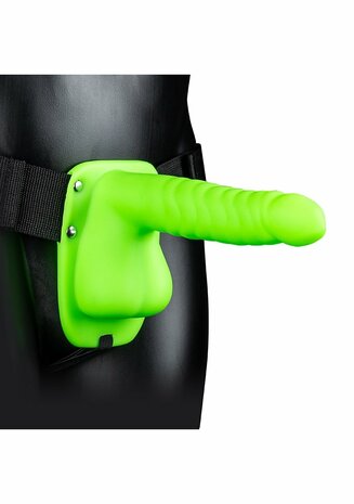 Glow in the Dark Geribbelde Holle Strap-On met Ballen - 21 cm