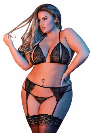 Peek-a-Boo BH, Kousenband & G-String Set - XXL Queen Size