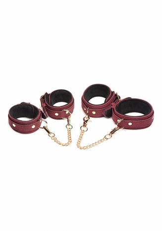 6-Delige Fluwelen Bordeauxrode Bondageset met Manchetten, Halsband en Riem