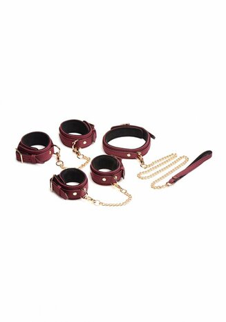 6-Delige Fluwelen Bordeauxrode Bondageset met Manchetten, Halsband en Riem