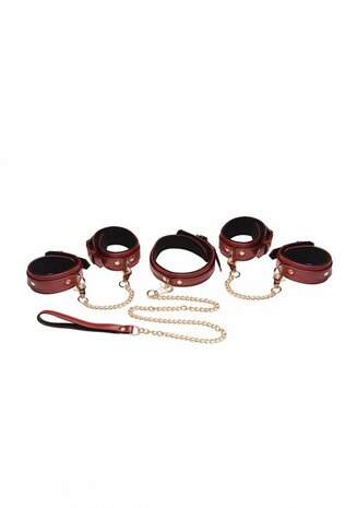 6-Delige Bordeauxrode Bondageset met Manchetten, Halsband en Riem