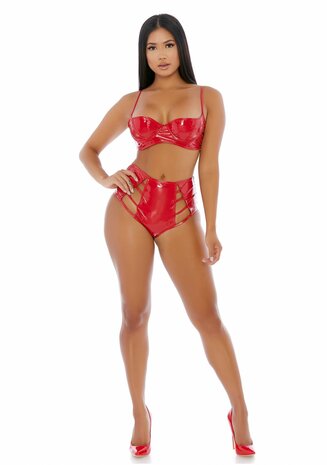 Strings Attached Vinyl Lingerie Set - Red L