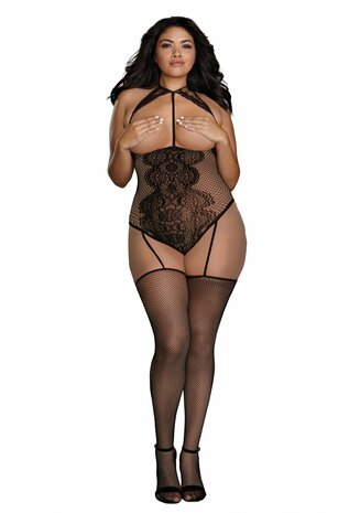 Teddy Bodystocking met Visnet en Kant - Plus Size Queen Size