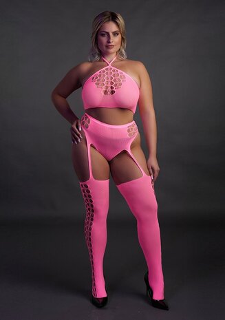 Two Piece with Crop Top and Stockings - Pink - XL/XXXXL XL-XXXXL