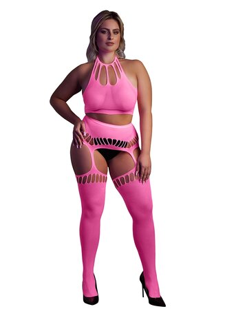 Two Piece with Crop Top and Stockings - Pink - XL/XXXXL XL-XXXXL
