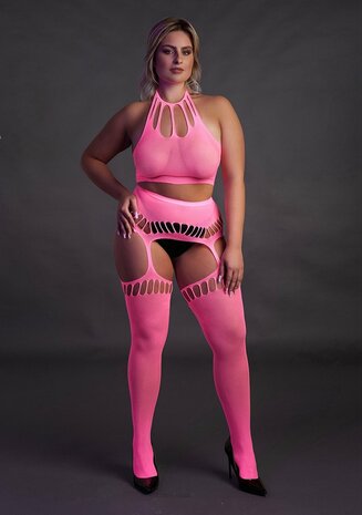 Two Piece with Crop Top and Stockings - Pink - XL/XXXXL XL-XXXXL