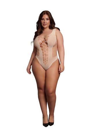 V-Neck Teddy with Opaque Panels - Queen Size - Sandy Beach XL - XXXXL