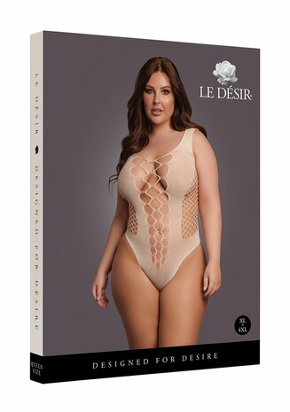 V-Neck Teddy with Opaque Panels - Queen Size - Sandy Beach XL - XXXXL