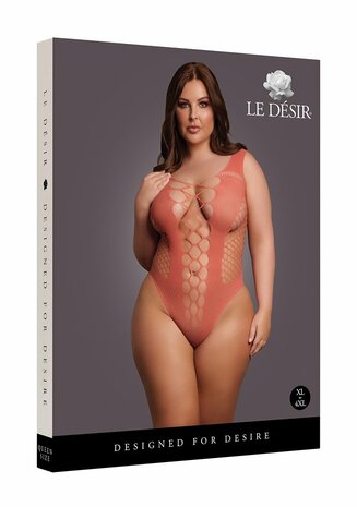 V-Neck Teddy with Opaque Panels - Queen Size - Sunset Glow XL - XXXXL
