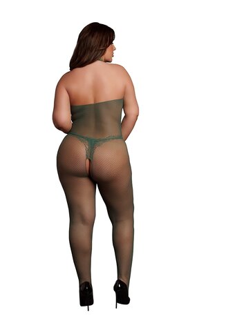 Fishnet and Lace Bodystocking - Queen Size - Midnight Green XL - XXXXL