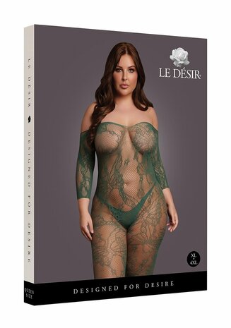 Lace Long-Sleeved Bodystocking - Queen Size - Midnight Green XL - XXXXL