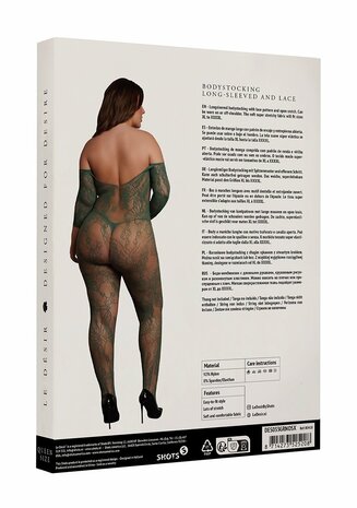 Lace Long-Sleeved Bodystocking - Queen Size - Midnight Green XL - XXXXL