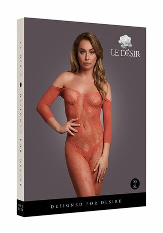 Lace Long-Sleeved Bodystocking - One Size - Sunset Glow XS - XL