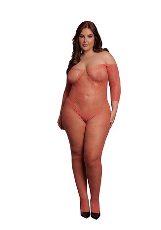 Lace Long-Sleeved Bodystocking - Queen Size - Sunset Glow XL - XXXXL
