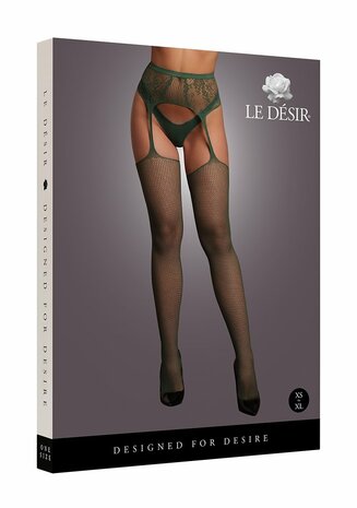 Fishnet/Lace Garter Stockings - One Size - Midnight Green XS - XL