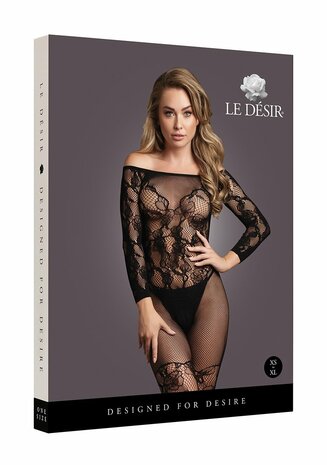 Bodystocking with Off-Shoulder Long Sleeves - OS - Black O/S