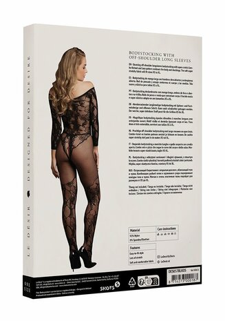 Bodystocking with Off-Shoulder Long Sleeves - OS - Black O/S