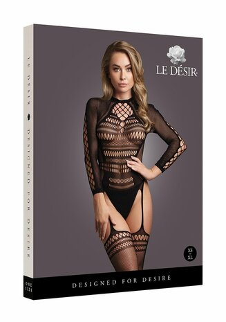 Bodystocking with Long Sleeves and Short Tneck - OS - Black O/S